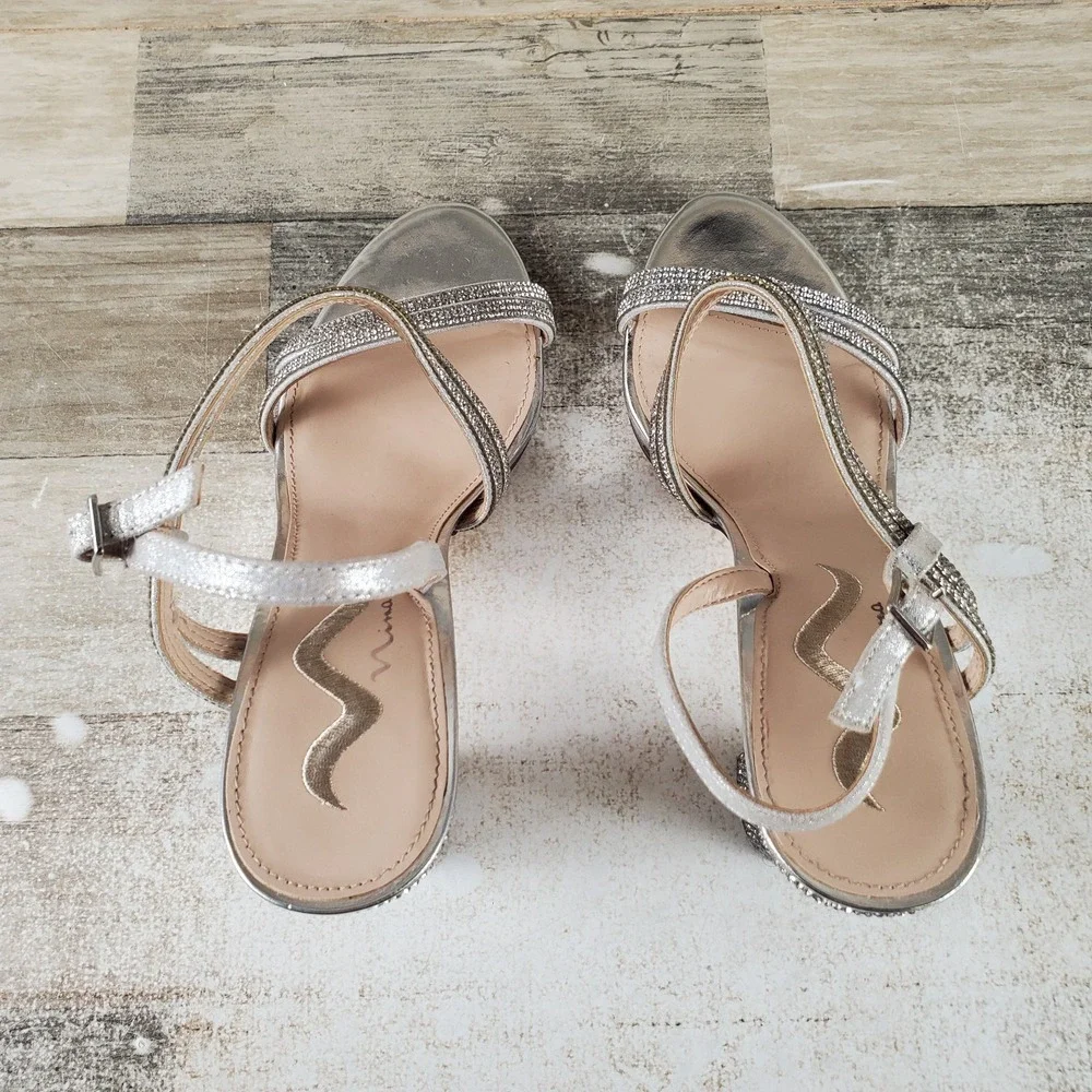 Nina Sabetha Womens Sandals Sz 9.5 M White Rhinestone Embellished Block Heel